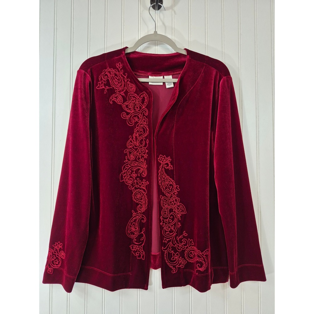 Chicos Velvet Open Front Cardigan Burgundy Red Paisley Embroidered Size 2 Large